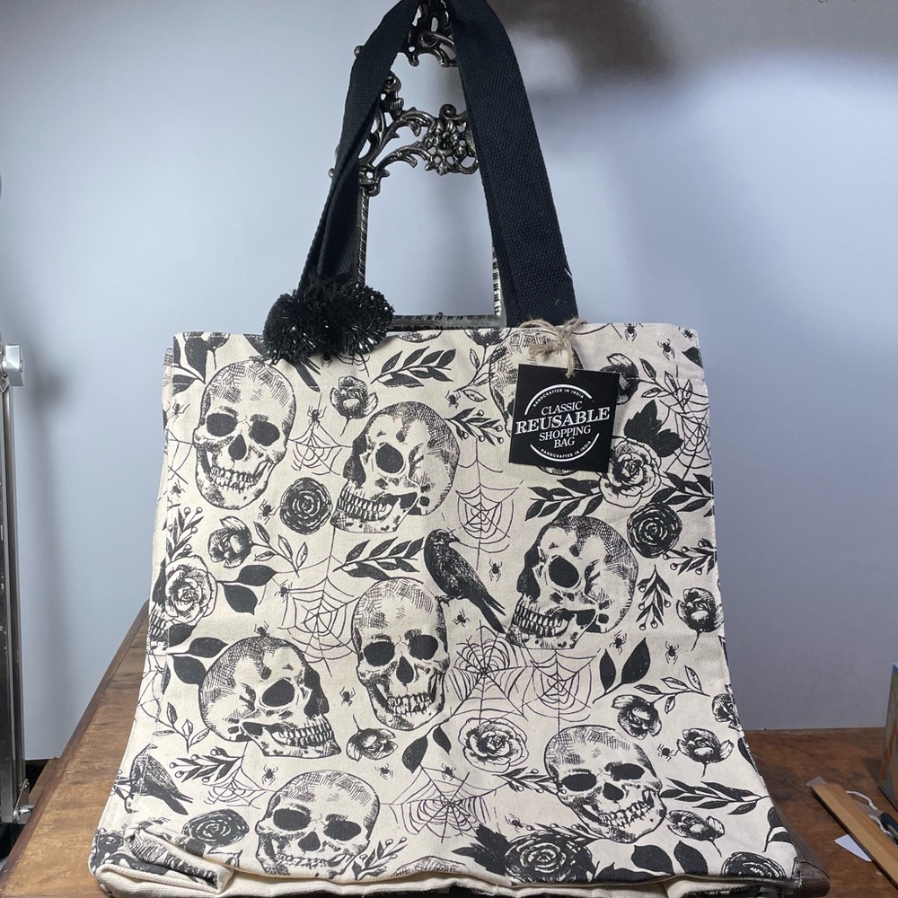 Skull tote XL heavy duty cotton canvas reusable shopping bag nwt